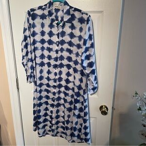 Blue and White Cotton Buttoned Shirt Dress with Cuffed Sleeves